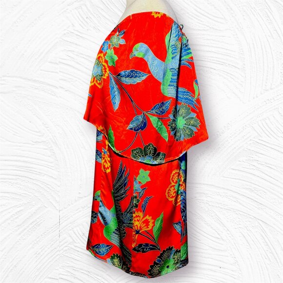 Y2K Designer Joy Han 100% Silk, Floral & Bird Print Red Dress - Picture 3 of 11